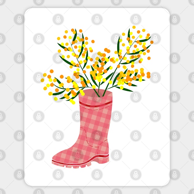 Rubber boots Wellies pink checkered Wellington boots and mimosa flower Magnet by Cute-Design